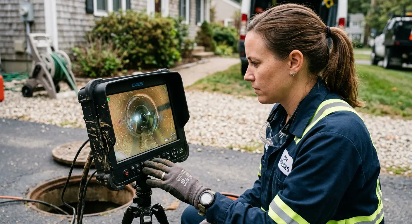 Technician reviewing sewer camera inspection footage in Scotch Plains