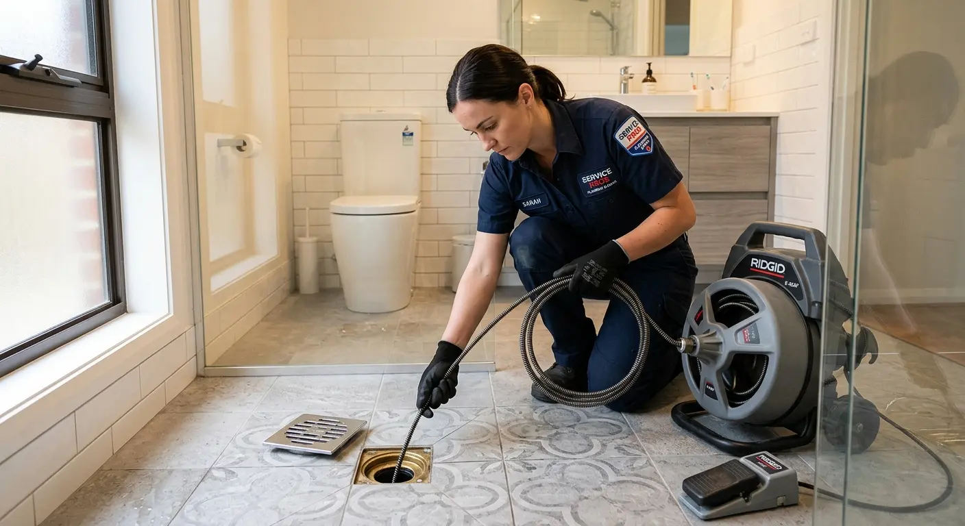 Technician clearing a bathroom floor drain for Sewer Line Replacement in Scotch Plains